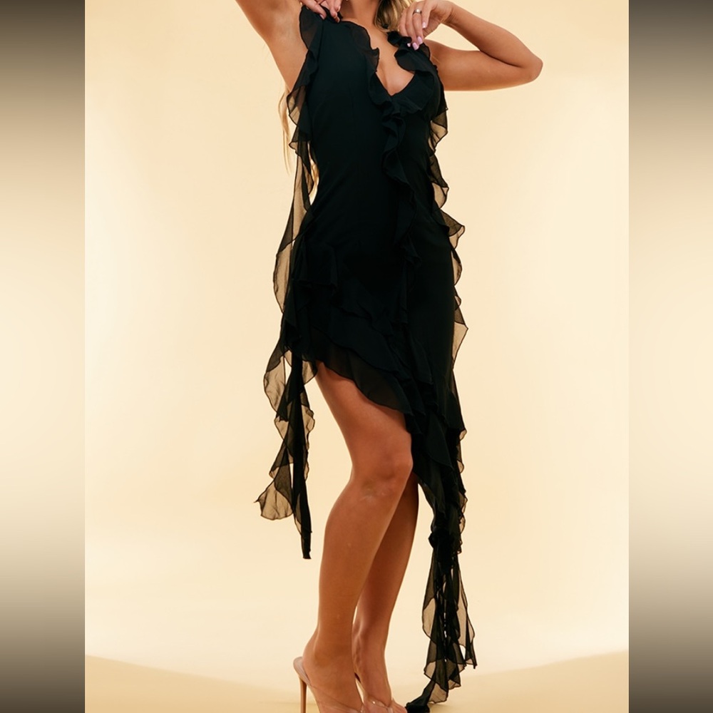 Black Chiffon Frill Plunge Dress